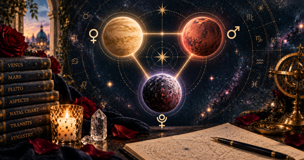 金星×火星×冥王星アスペクト完全解説｜極端な愛・情熱・支配をどう扱うか？ネイタル・相性・トランジット別の読み方